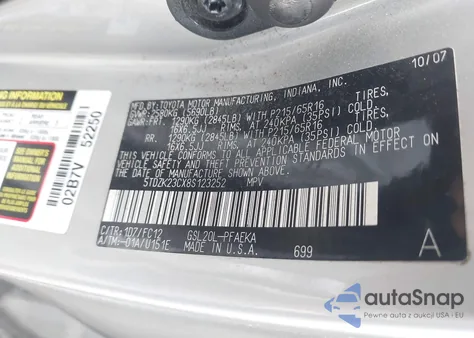 2008 Toyota Sienna Le из США, поврежденный, VIN 5TDZK23CX8S123252